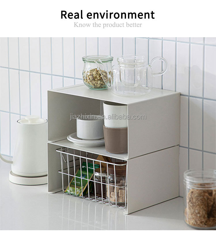 Stackable 2 Tier Tower Rack White Desktop Spice Jar Microwave Coffee Machine Stand Bowl Plate Cup Divider with Metal Mesh Basket