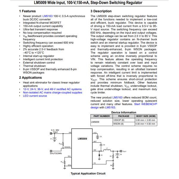 LM5009MMX/NOPB Buck Switching Regulator IC 2.5V 150mA 8-TSSOP