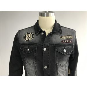 Black Washed Badge Mens Denim Jacket And Jeans Button Through Trucker Jacket
