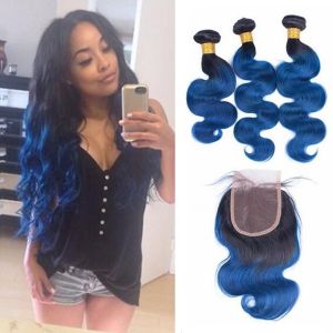 Cheap Pre-Colored Brazilian Body Wave Human Hair Bundles With Closure Ombre Color 1B/Blue Remy Hair 3 Bundles With Closure for sale