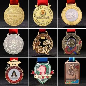 Custom Sport Medal with Enamel Color Ribbon Attachment and Antique Finish for