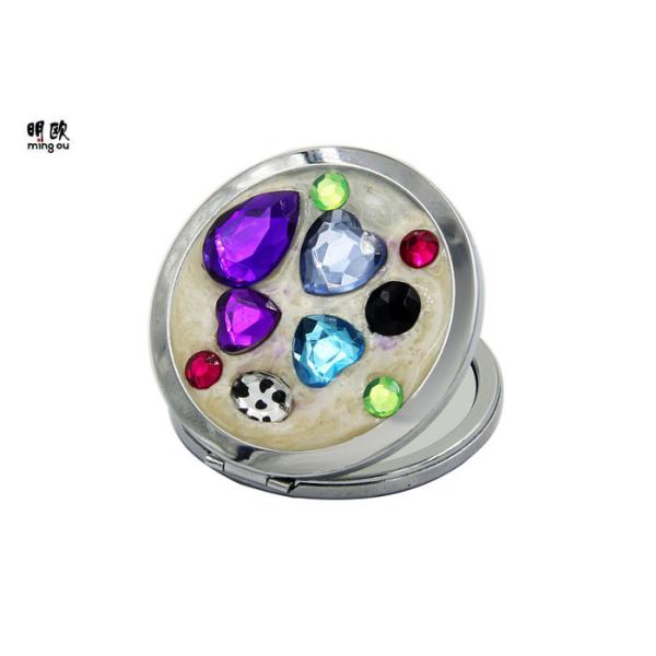 Small Iron Compact Magnifying Mirror , Colorful Shiny Crystal Jewelled Compact