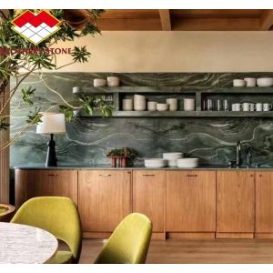 Modern Hotel Dining Table with Polished Green Marble Surface and Custom Graphic