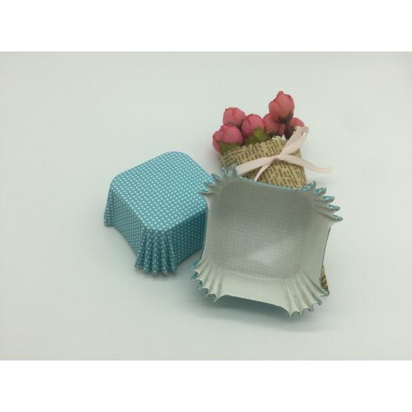 Baby Blue Paper Cupcake Liners , White Dot Square Cupcake Wrappers Heat Resistant