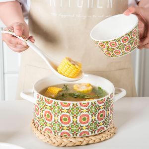 Quantity Bohemian Design Style Porcelain Pan With Lid Custom Decal Soup Bowl Set