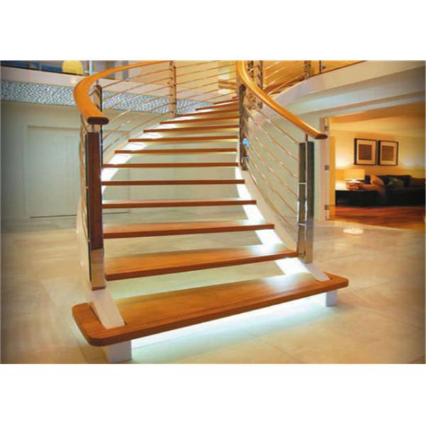 Elegant 38mm Open Wood Stairs , Glass Railing Curved Wooden Staircase No Slip