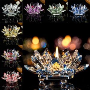 China Home Decoration 7 Colors Tea Light Buddhist Candlestick Glass Crystal Lotus Flower Candle Holder on sale