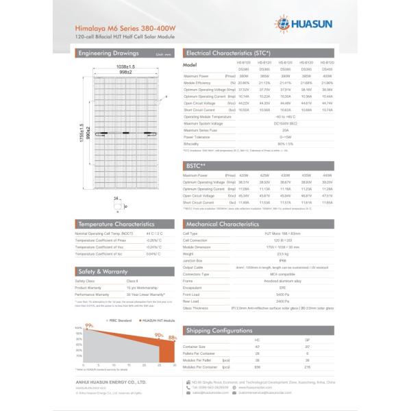380w Huasun Solar Panels 395w 166mm Mono Half Cut Hjt Bifacial Photovoltaic Panels