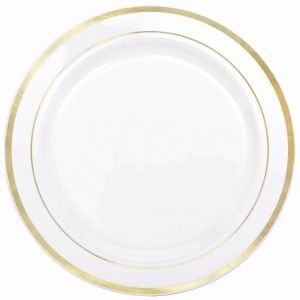 6" fancy round gold plastic plates with plastic silverware 6" ivory/ gold band