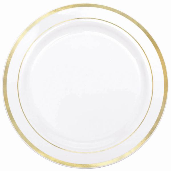 6" fancy round gold plastic plates with plastic silverware 6" ivory/ gold band
