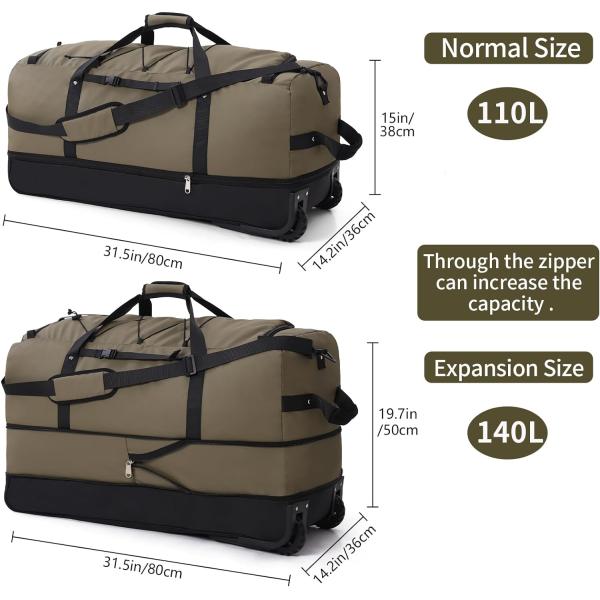 Large Capacity Expandable Foldable Travel Duffle Bag Rolling Gym Bag 115-140Litres