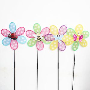 China Spring seasonal windmill Yard Stake flower with ladybug bee dragonfly butterfly on sale