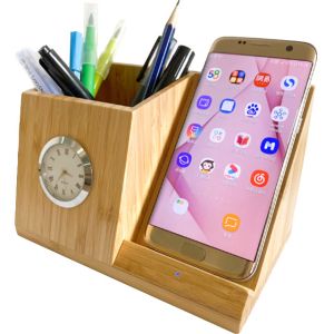 Cheap Living Room Fast Wireless Charger Stand with Pen Holder and Clock Natural Design for sale
