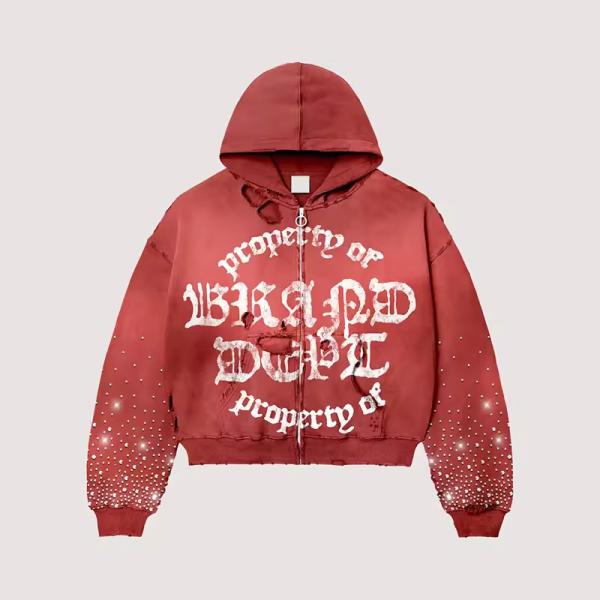 OEM Zipper Screen Print Drawstring Hoodie Retro Travel Rhinestone Park Vintage Acid Washed Boxy Oversized Destroyed Hoodie Men
