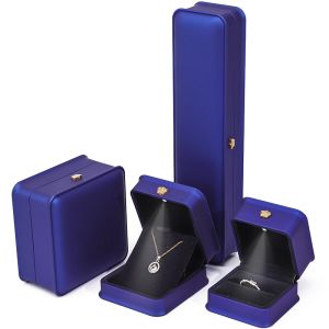 China Glossy Dark Blue Sleek Faux Leather LED Jewelry Box for Luxury Storage Display on sale
