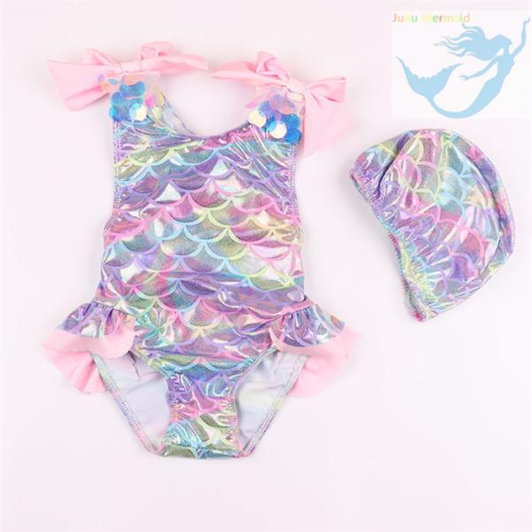 2PCS Set Kids Mermaid Bathing Suit Elastic Ruffled Low Cut Back With Large Bowknot