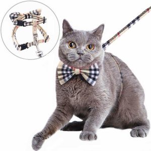 Nylon Webbing Adjustable Cat Harness Kitty Rabbit Plaid With Removable Bowtie