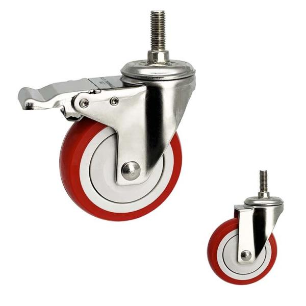 Quality Customize Stainless Castor Wheels 4" Soft Red Wheel Medium Duty PU Threaded Stem Total Lock Casters wholesale