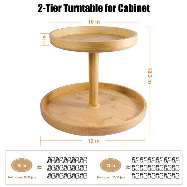 Standing Type 2 Tier Natural Bamboo Lazy Susan Turntable Organizer for Modern Kitchen