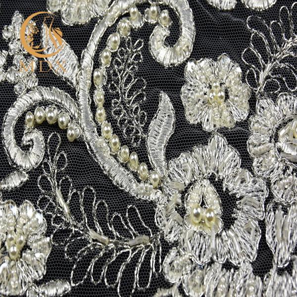 Embroided Beaded Lace Trim Polyester 140cm Width With Metal Thread
