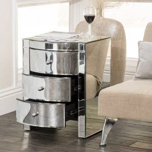 Contemporary 3 drawers silver mirrored nightstand curved design end table corner