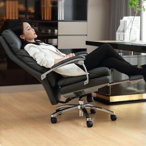Reclining Genuine Leather Office Chair with Footrest Adjustable Height and