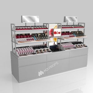 Display Counter Gray Wooden Makeup With Island Led Light For Trendy Shop Display