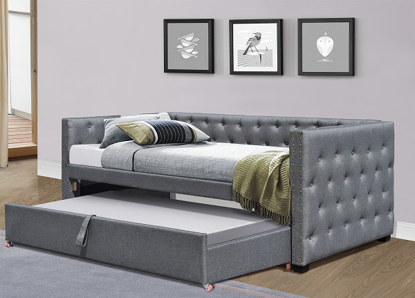 Quality Full Size Velvet Upholstered Daybed Pull Out Trundle Bed Single Chesterfield Grey Plush wholesale