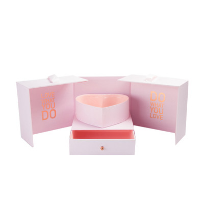 Quality Custom Print Rose Magnet Closure Double Layer Heart Shaped Flower Box with Drawers wholesale