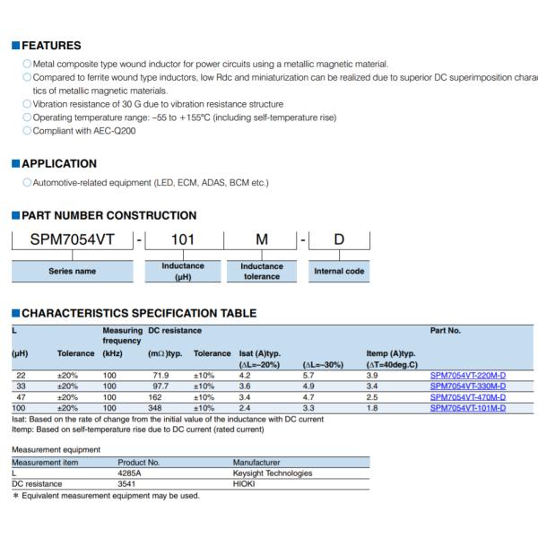 20 % SMD Chip Inductor SPM7054VT 101M D Fixed Metallic Magnetic Materials
