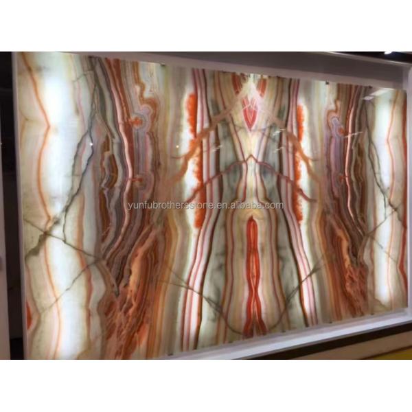 Hotel Table Furniture Design with Natural Stone Bookmatched Rainbow Onyx Marble Slab