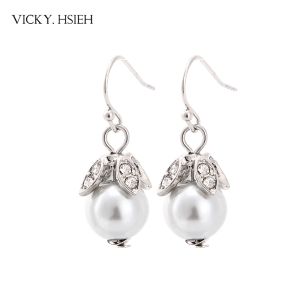 China VICKY.HSIEH Rhodium Tone Crystal Rhinestone Faux Pearl Drop Earrings for Women on sale