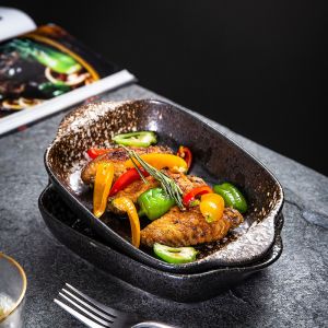 Rectangle Eclectic Ceramic Black Plate A Grade Porcelain With Two Ears