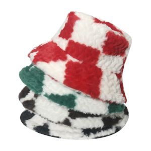 China Trendy Multi-Color Warm Plush Checkerboard Bucket Hat For Female on sale