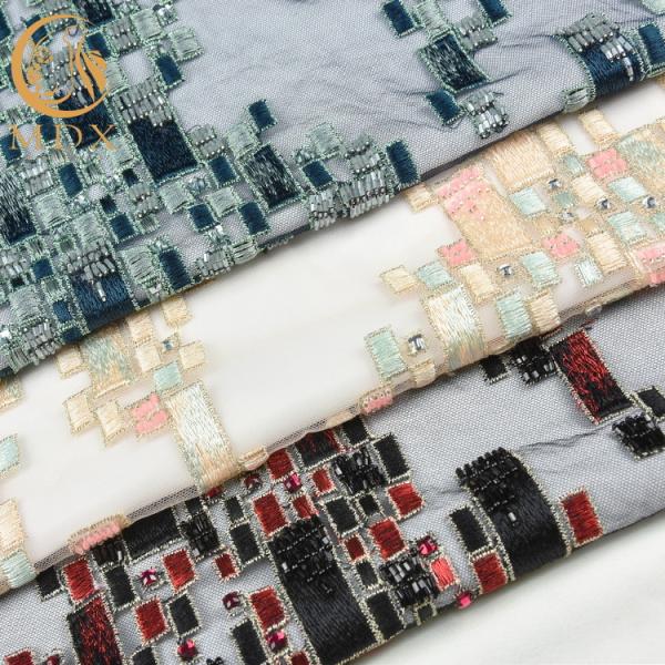 Tulle Beaded Embroidered Lace Fabric 140cm Width Customized With Rhinestones