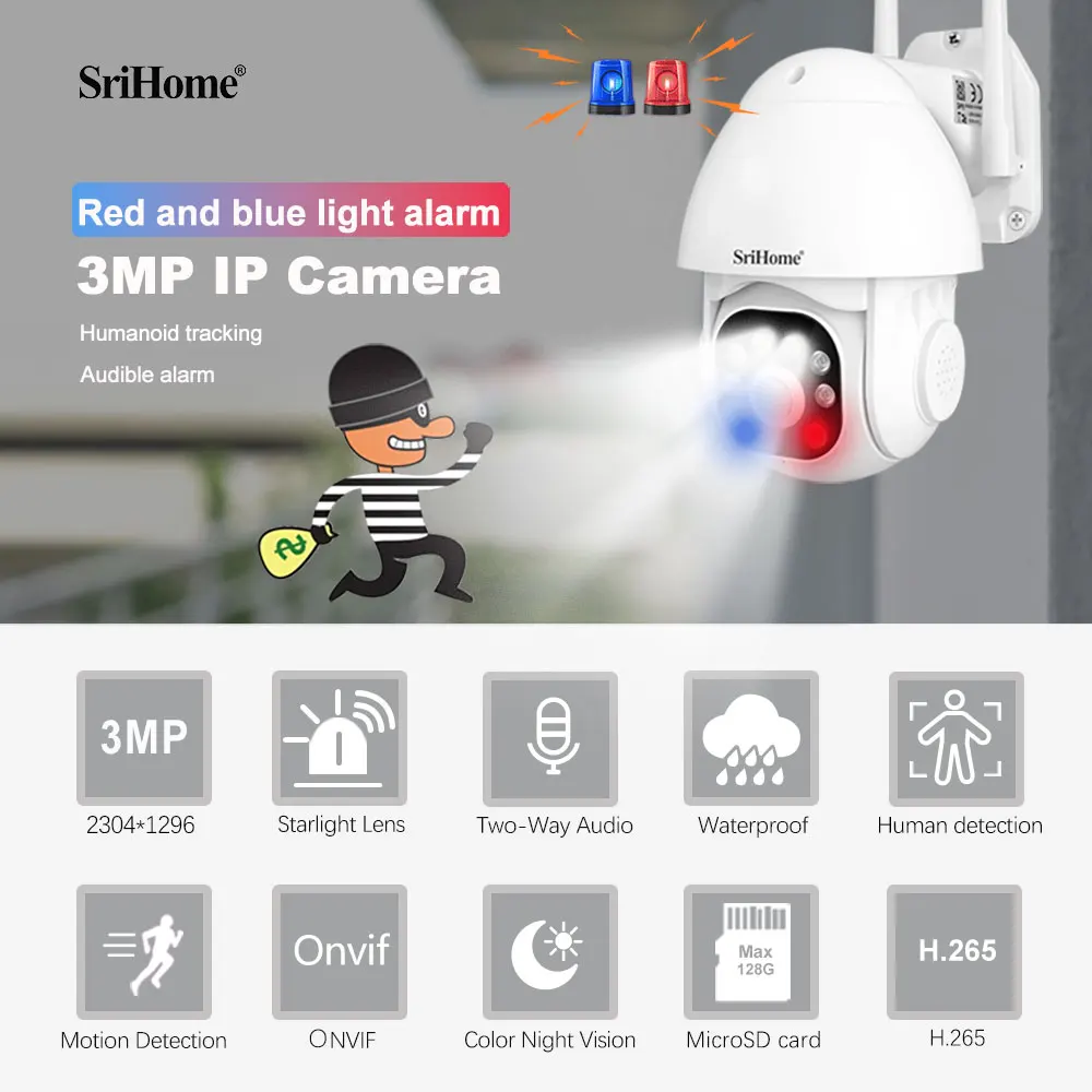 3MP 4mm Lens Two-Way Audio Waterproof SD Card PTZ Alarm Motion Tracking WIFI Baby CCTV Security Camera