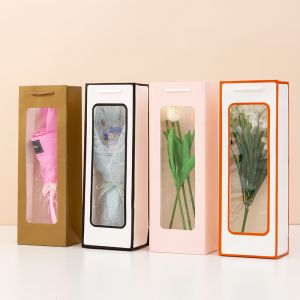 China Transparent Window Floral Gift Bags Universal Kraft Paper Wine Bottle & Fresh Flower Handbags Rectangular Design For Bouquet Packaging on sale