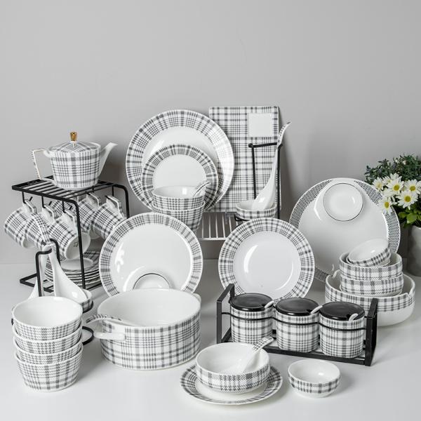 Ceramic Nordic Style Luxury Tableware Porcelain Plant Pattern Dinnerware For 8 People