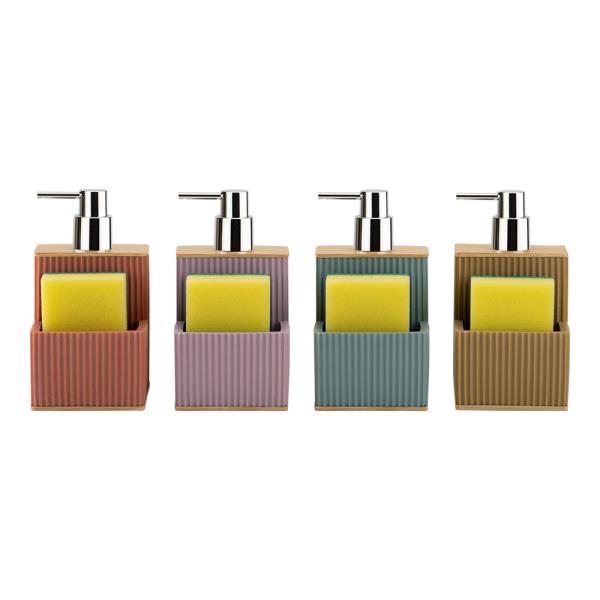 Quality 2N1 Sand stone soap dispenser Fauxwood top & vertical stripe Chrome ABS pump head sponge on front pocket utility sink caddy kitchen utensil caddy wholesale
