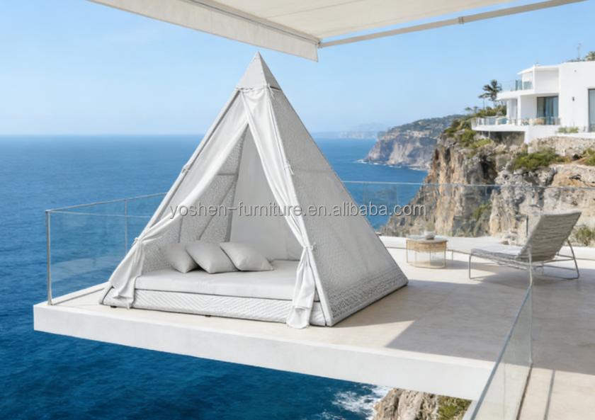 Triangular Patio Cabana With Curtain Wicker Plastic Canopy Sunbed Backyard Rattan UV Resist Day Bed
