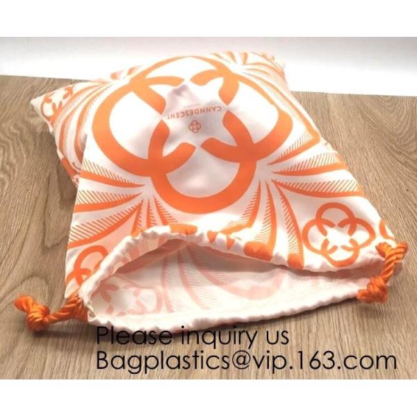 Quality White Satin Drawstring Bag With Silver Logo,Custom Printed White Satin Drawstring Bag For Hair, Pouch For Loungwear pac wholesale