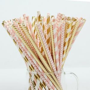China 7.75 Party Event Striated Pink And Gold Striped Paper Straws on sale
