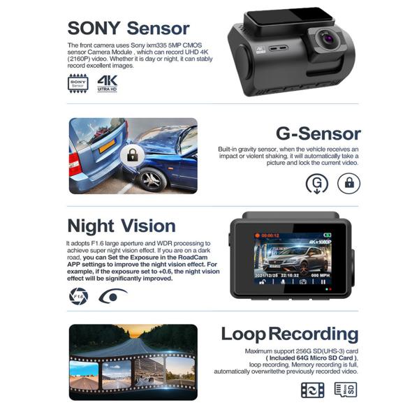 SONYIMX335 4K Dashcam Dual WiFi GPS Front Inside Back Car DVR