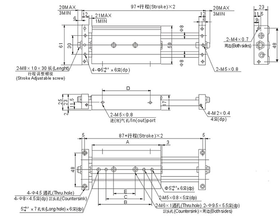Double Acting Slide Table Pneumatic Air Cylinder With Cushion Shock Absorber