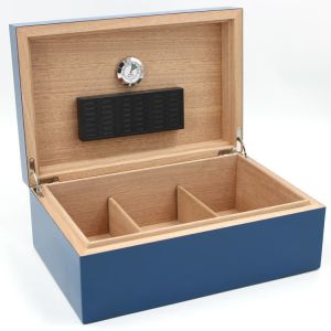 Cheap Blue Desktop Cigar Box Solid Hinged Closure Lacquered Cigar Humidor With Hygrometer for sale
