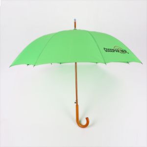 Green Windproof Curved Handle Umbrella With Wooden Hook Fiberglass Frame