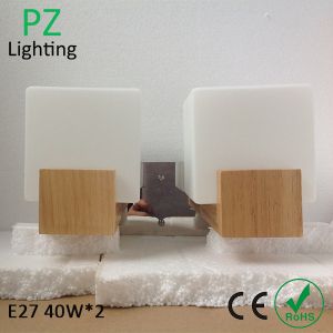 Two heads Natrual wood color Oak wood wall lamp E27 socket with white glass shade CE/ROHS