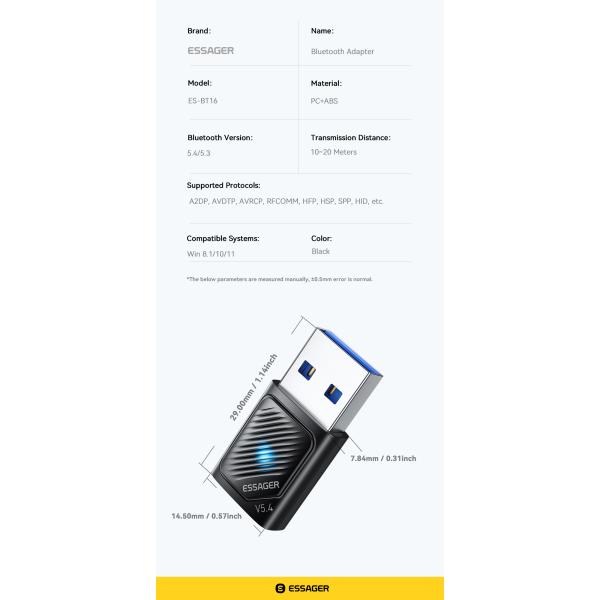 ESSAGER ES-BT16 USB Wireless Bluetooth Adapter For Pc Computer Win 8.1 10 11