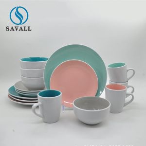 Pink Green Craftsman Ceramic Dinnerware Sets 16 Piece Dinner Set
