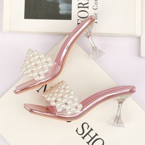 7018-3 Korean Fashion Open Toe High Heels Square Toe Pearl Thin Sandals Fine